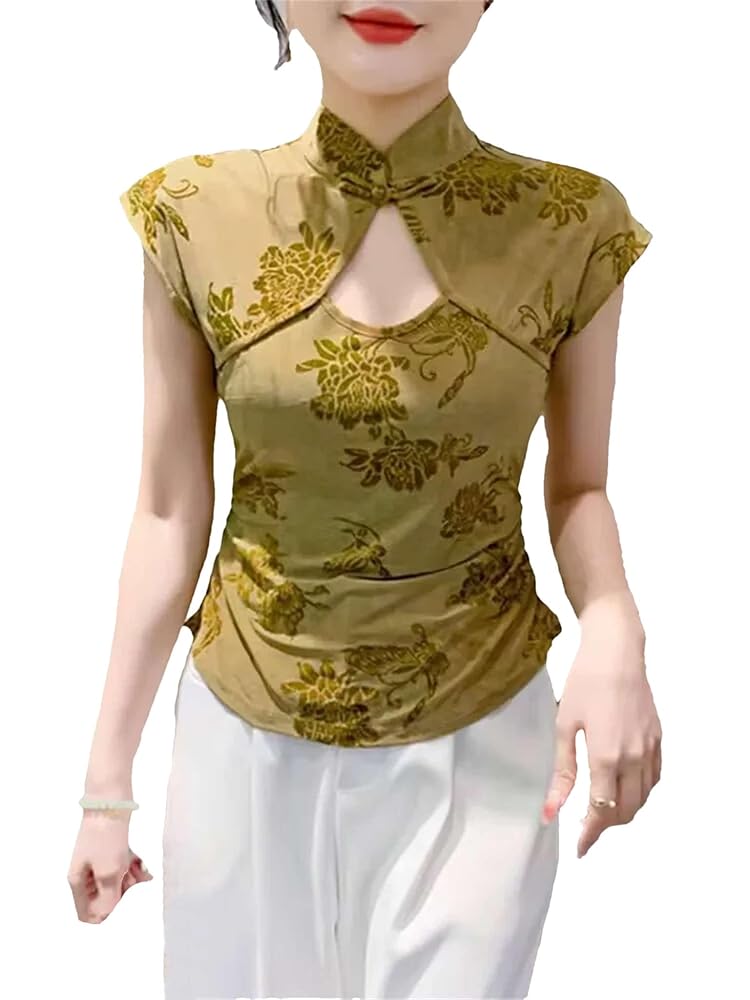 Women's Elegant Mandarin Collar Blouse Breathable Cap Sleeve